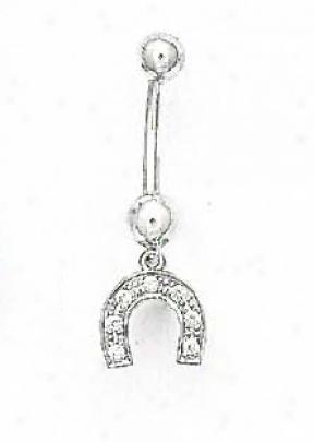 14k White 2 Mm Round Cz Horse-shoe Belly Ring