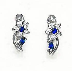 14k White 2 Mm Round Sapphire-blue Cz Flower Earrings