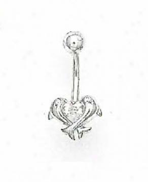 14k Pale 4 Mm Heart Cz Double Dolphin Belly Ring