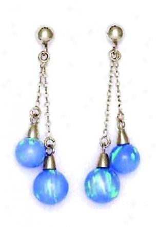 14k White 6 And 7 Mm Round Blue Opal Double Drop Earrings