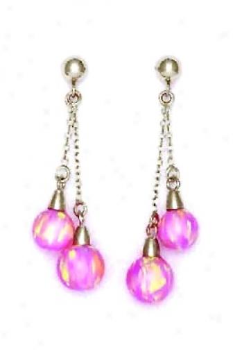 14k White 6 And 7 Mm Round Pink Opal Double Drop aErrings
