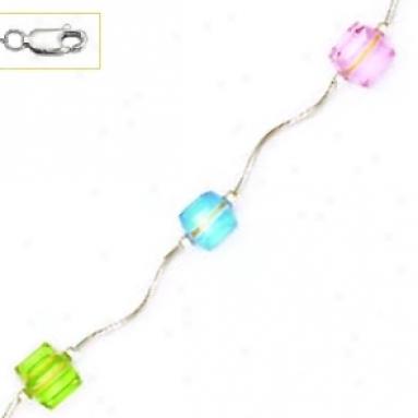 14k White 6 Mm Cube Pink Green And Blue Crystal Necklace