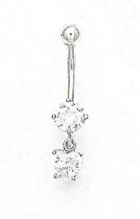 14k White 6 Mm Round And Heart Cz Belly Ring