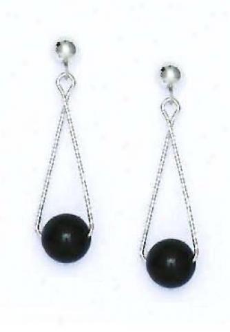 14k White 7 Mm Round Black Crystal Pearl Swing Drop Earrings