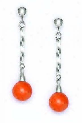 14k White 7 Mm Round Coral-orannge Crystal Pearl Earrings
