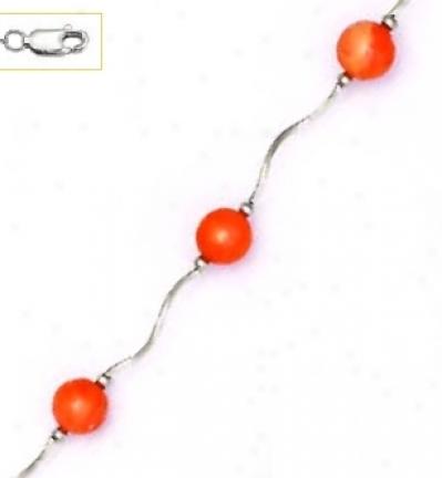 14k White 7 Mm Round Coral-orange Crystal Pearl Necklace