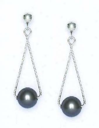 14k White 7 Mm Round Dark-gray Crystal Pearl Earrings
