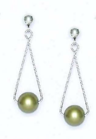 14k White 7 Mm Round Light-green Crystal Pearl Earrings