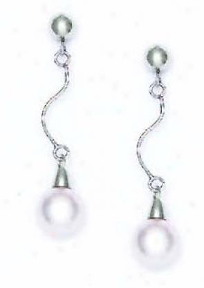 14k White 7 Mm Round Lihgt-rose Crystal Pearl Earrings