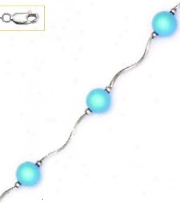 14k White 7 Mm Round Turquoise-blue Crystal Pearl Necklace