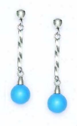 14k White 7 Mm Round Turquois-blue Crystal Pearl Earrings