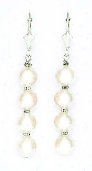 14k White 7 Mm Round White Crystal Pearl Drop Earrings