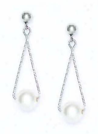 14k White 7 Mm Round Pale Crystal Pearl Swing Drop Earrings