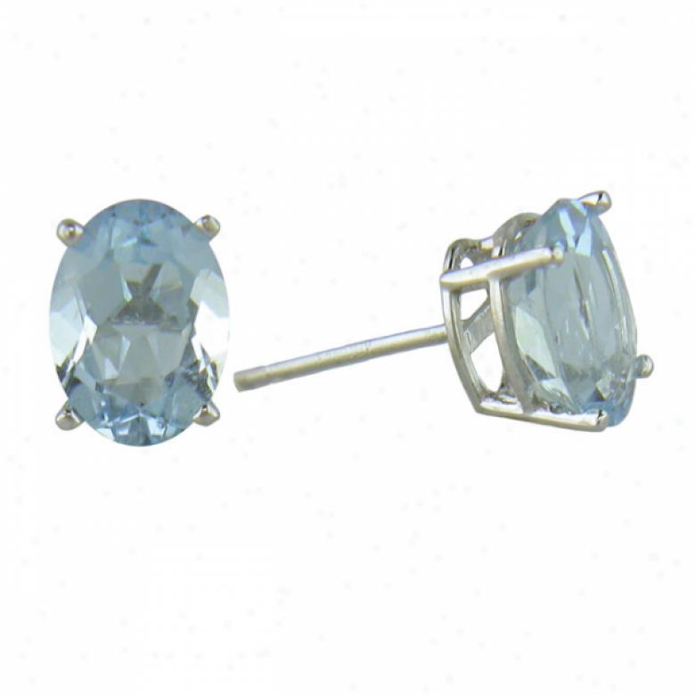 14k White 8x6 Mm Oval Aquamarine Stud Earrings