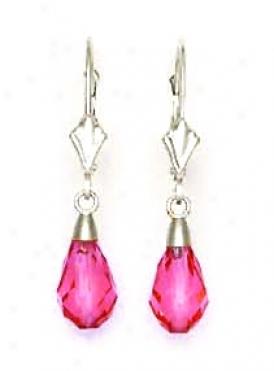 14k White 9x6 Mm Briolette Dark-rose Crystal Drop Earrings