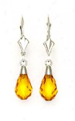 14k White 9x6 Mm Briolette Lime-yellow Crystal Drop Earrings