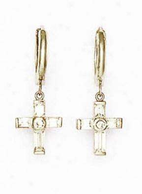 14k White Baguette And Round Cz Drop Cross Hinged Earrings