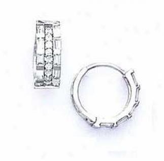 14k White Baguette And Round Cz Hinged Earrings