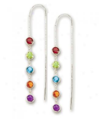 14k White Bezel Station Threader Gemstone Earrings