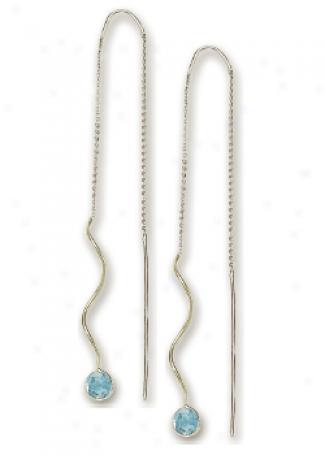14k White Bezel Threader Blue Topaz Earrings