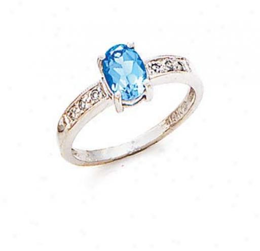 14k White Blur Topaz And Diamond Ring