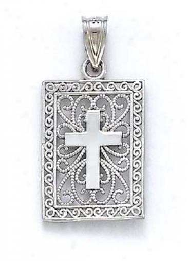 14k White Cross Filigree Backgrounnd Pendant