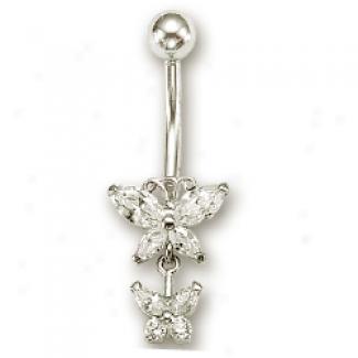 14k White Cz Butterfly Link Chbic Zirconia Belly Ring