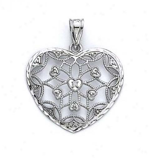 14k White Diamond Filigree Heart Pendant