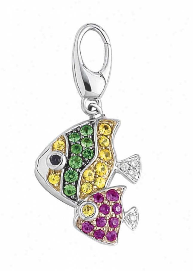 14k White Fish Round 1.5 Mm Green Garnet And Diamond Charm