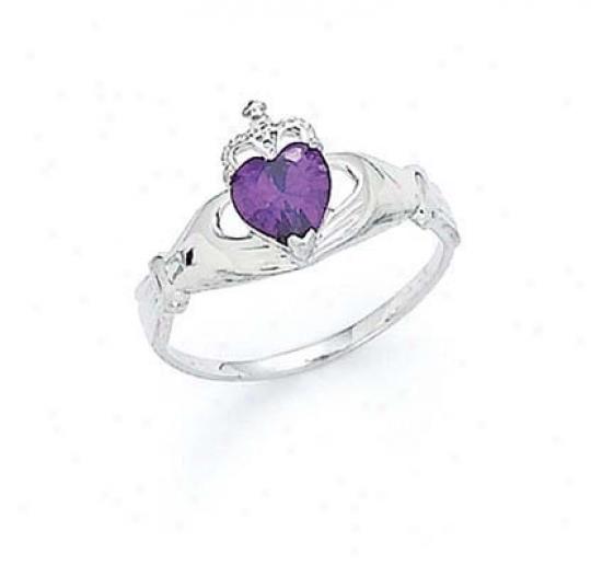 14k White Heart Amethyst-purple Birthstone Claddagh Rijg