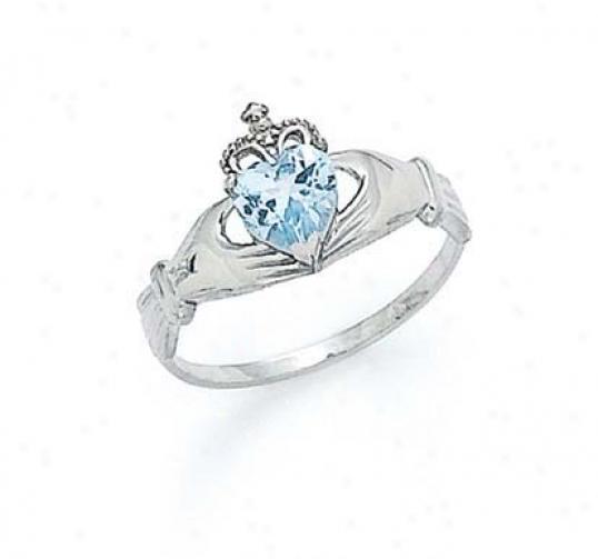 14k Wjite Heart Aquamarine-blue Birthstone Claddagh Ring