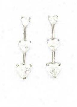 14k White Heart Cz Three-stone Friction-back Earrings