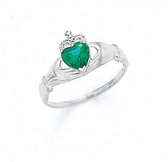 14k White Heart Emerald-green Birthstine Claddagh Ring