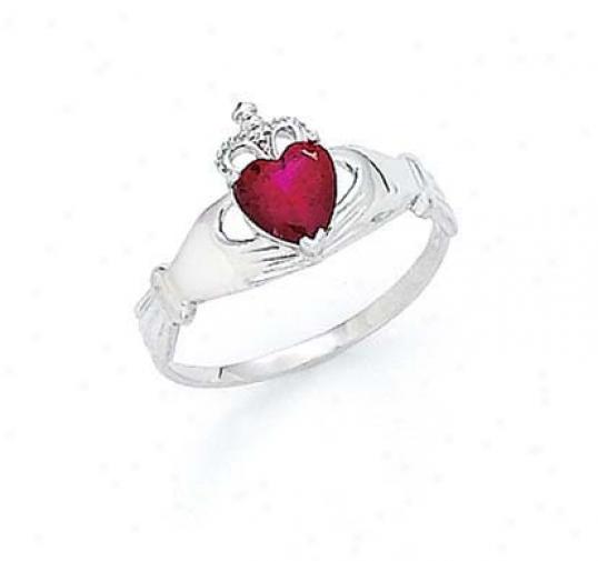 14k White Heart Garnet-red Birthstone Claddagh Ring
