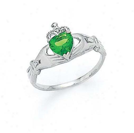 14k White Heart Peridot-green Birthstone Claddagh Ring
