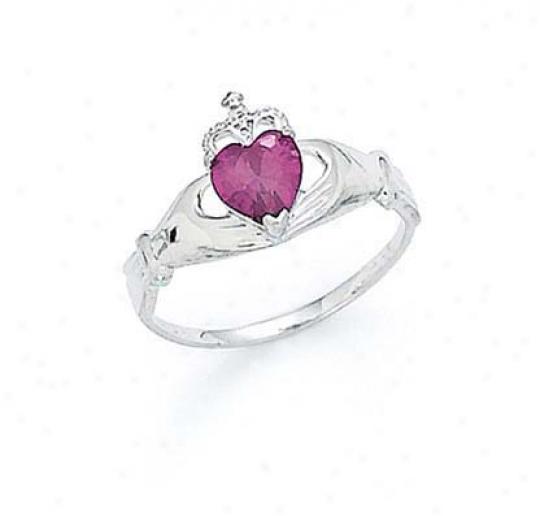 14k White Love Rhodolite-pink Birthstone Claddagh Ring