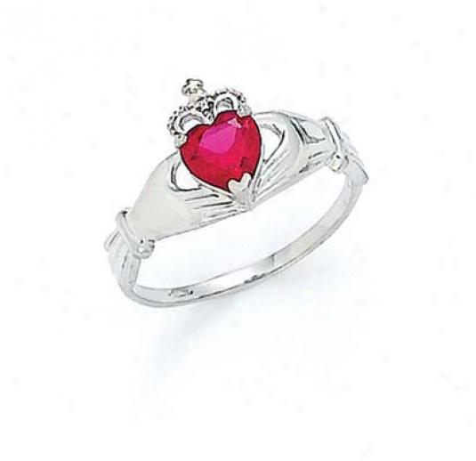 14k White Heart Ruby-red Birthstone Claddagh Ring