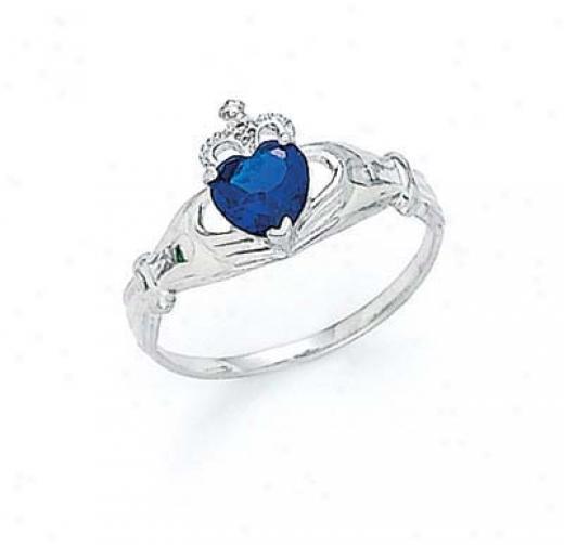 14k White Heart Sapphire-blue Birthstone Claddagh Ring