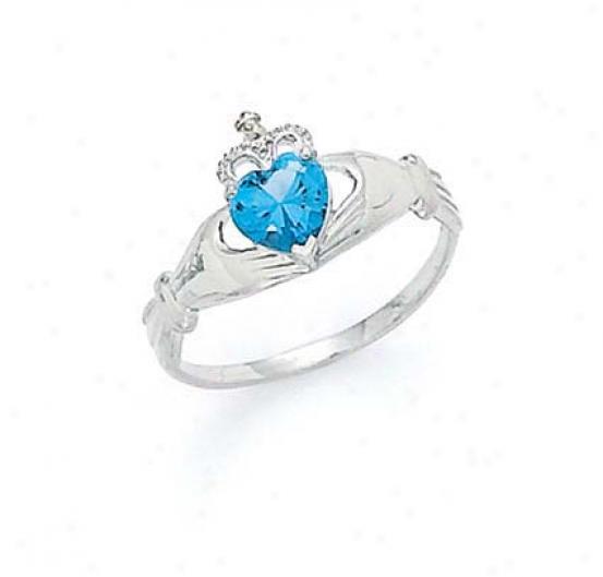 14k White Heart Topaz-blue Birthstone Claddagh Ring
