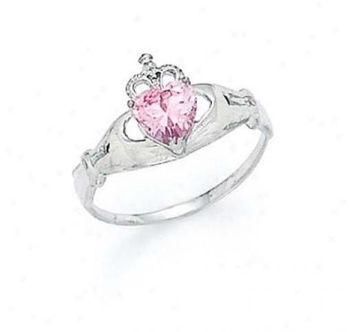 14k White Heart Topaz-pink Birthstone Claddagh Ring
