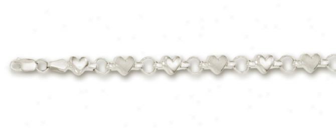 14k White Large Rolo And Puffed Heart Station Anklet - 10 In