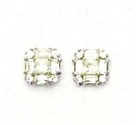 14k White Princess Round And Baguette Cz Fancy Earrings