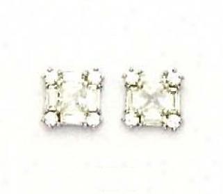 14k White Princess Round And Baguette Cz Medium Earriings