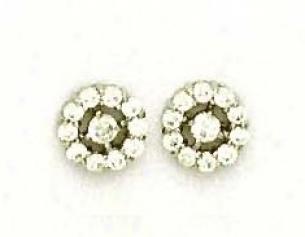 14k White Round Cz Flower Design Frictiin-back Earrings