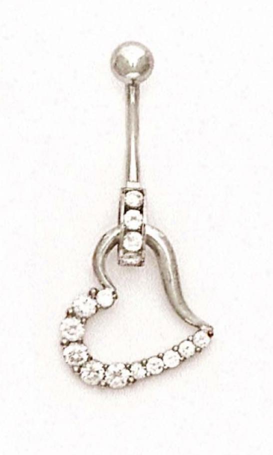 14k White Smooth Cz Open Heart Belly Ring