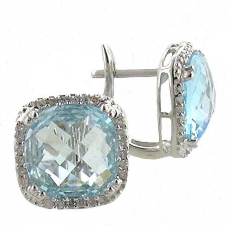 14k White Square-cut Blue Topaz And Diamond Stud Earrings