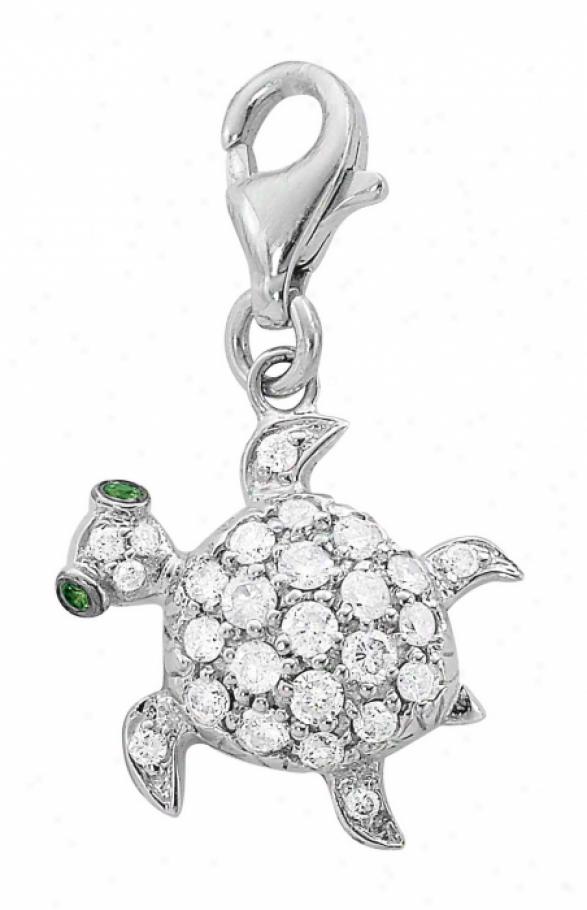 14k White Turtle 1.5 Mm Green Garnet And Diamond Charm