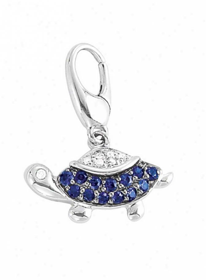 14k White Turtle Round 1.5 Mm Sapphire And Diamond Charm