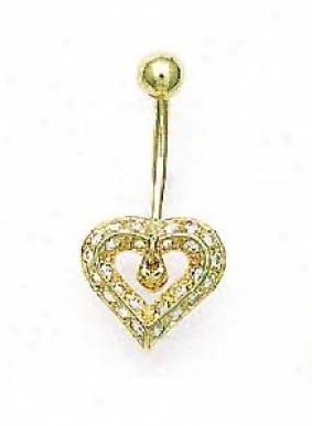 14k Yellow 1 Mm Round Cz Open Heart Belly Ring