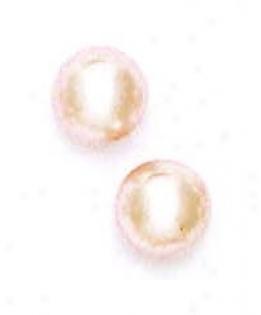 14k Yellow 10 Mm Round Light-rose Crystal Pearl Earrings